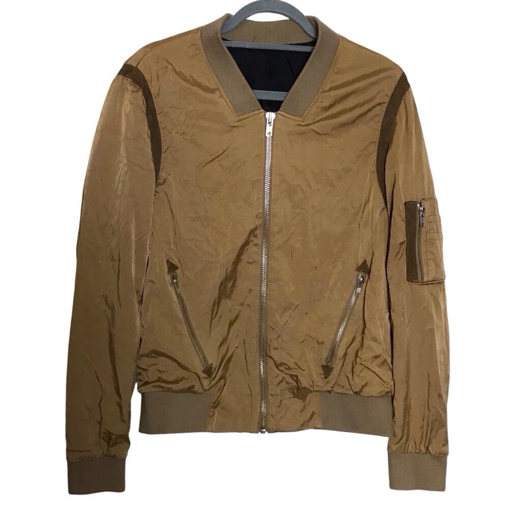 The Kooples Brown Satin Leather Trim Bomber Classic Jacket Coat Mens Large